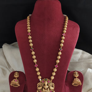 Antique Lakshmi Pendant Mala Set with Floral and Golden Ball Chain