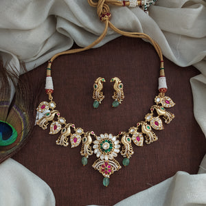 Kundan Necklace Set with Dual Peacock Design – Crafted in Moissanite & Jadau Kundan Stones