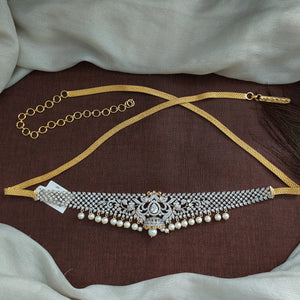 Zircon Stones Hip Chain in Diamond Finish with Pearl Drops – White, Ruby, Green Variants
