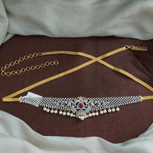 Zircon Stones Hip Chain in Diamond Finish with Pearl Drops – White, Ruby, Green Variants