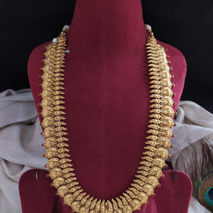 Traditional 925 Silver Long Kasumalai Haram – Lakshmi Motif & Ruby Stones