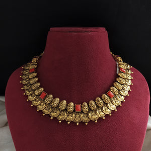 Traditional South Indian Pure Silver Kasumalai Necklace – Antique Temple Design with Coral Stones
