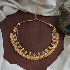 Traditional South Indian Pure Silver Kasumalai Necklace – Antique Temple Design with Ruby & Green Stones