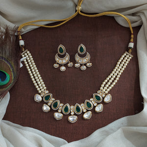 Designer Polki Kundan Choker-Necklace Set with Swarovski Pearls – Green, Ruby, Baby Pink