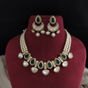 Designer Polki Kundan Choker-Necklace Set with Swarovski Pearls – Green, Ruby, Baby Pink