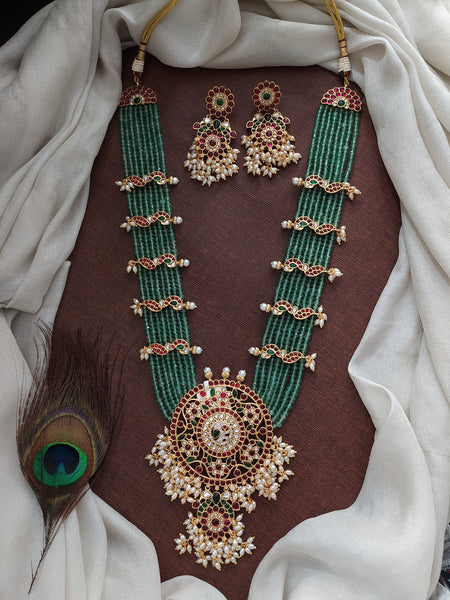 Antique Long Beaded Haram Set with Kemp Pendant Peacock Side