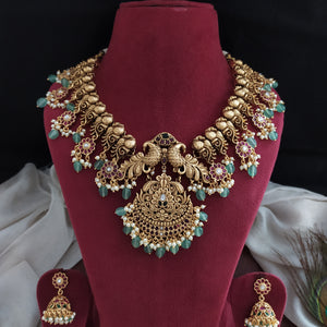 Antique Nakshi Peacock Necklace Set – Elegant Kemp & Green Stone Design