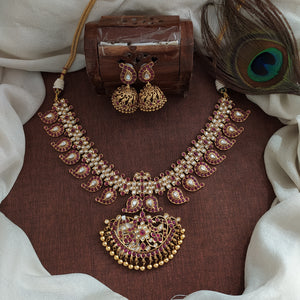 Dual Peacock Floral Design Kemp Stones Necklace Set