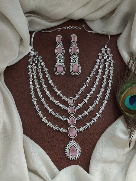 Zircon Layered Necklace Set in Pastel Baby Pink Sonal Fashion