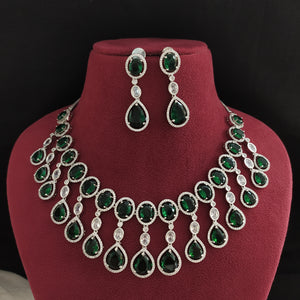 Rhodium Finish Zircon Necklace Set in Green and Ruby