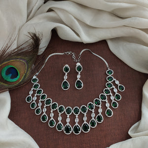 Rhodium Finish Zircon Necklace Set in Green and Ruby