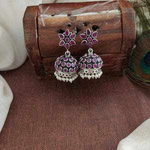 92.5 Pure Silver Jhumki in Oxidized Finish with Stones and Pearl Drops