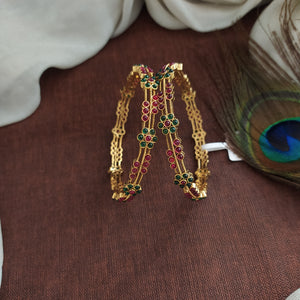 "Antique Floral Design Bangles with Kemp and Green Stones"