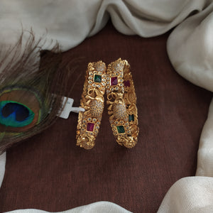 "Antique Elephant & Floral Design Bangles with Zircon, Kemp, and Green Stones - Sizes 2.4, 2.6, 2.8"