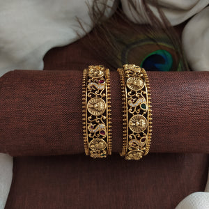 "Antique Gold Look Lakshmi Bangles with Peacock and Zircon Stones - All Standard Sizes Available"