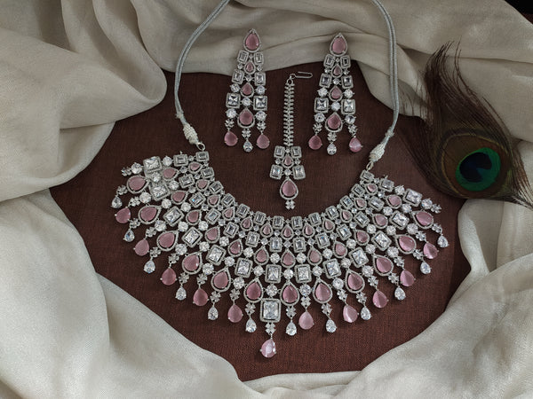 Bridal Zircon Choker Necklace Set AD Stones Baby Pink Mint