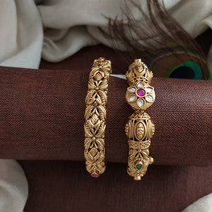 Gold Finish Intricate Kada Bangles with Kundan Detailing – Sizes 2.4, 2.6, 2.8