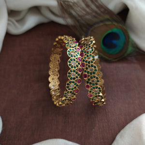 Antique Mango Design Bangles with Green, White & Red Stones – Sizes 2.6 & 2.8