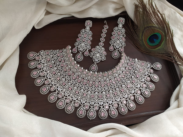 Dazzling Baby Pink Silver Plated Diamond Bridal Necklace Set