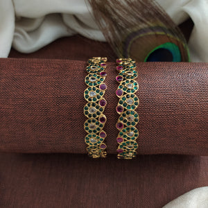 Antique Mango Design Bangles with Green, White & Red Stones – Sizes 2.6 & 2.8

