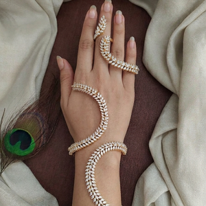 Luxury CZ Leaf Hand Harness Bracelet – Gold Finish Hand Cuff with Finger Ring