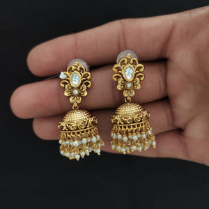 Antique Jhumki with White Kundan Stones & Pearl Drops
