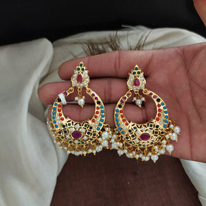 Nizami Chandbali Earrings in Navaratna, Red with Green, Pearls (White), Ruby, and Green