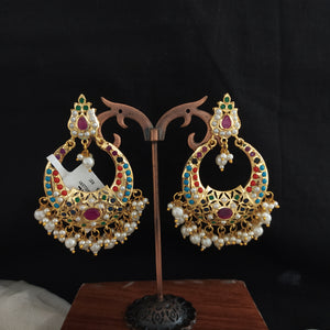 Nizami Chandbali Earrings in Navaratna, Red with Green, Pearls (White), Ruby, and Green
