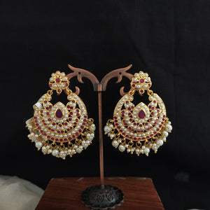 Gold-Plated Nizami Chandbali Earrings – Navaratna, Red with Green, and White (Pearls)
