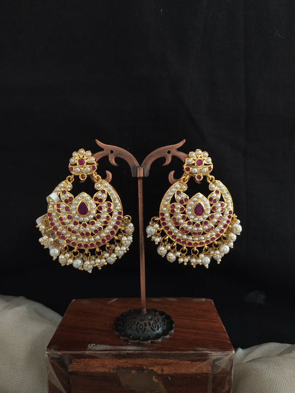 Gold-Plated Nizami Chandbali Earrings – Navaratna, Red with Green