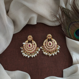 Gold-Plated Nizami Chandbali Earrings – Navaratna, Red with Green, and White (Pearls)