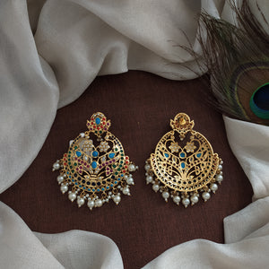 Gold-plated Nizami Chandbali Earrings in Navaratna, Ruby, and Pearls