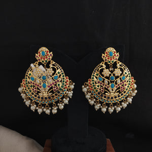 Gold-plated Nizami Chandbali Earrings in Navaratna, Ruby, and Pearls