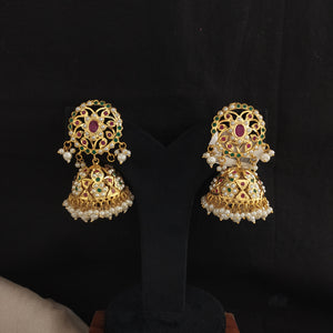Gold-Plated Nizami Jhumki with Pearl Drops – Red with Green, Turquoise, and Red