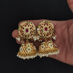 Gold-Plated Nizami Jhumki with Pearl Drops – Red with Green, Turquoise, and Red