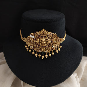 Antique Simple Lakshmi Choker Set with Matching Jhumki - Nakshi Work and Zircon Stones