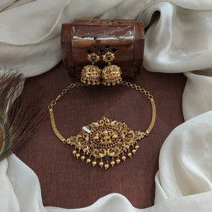 Antique Simple Lakshmi Choker Set with Matching Jhumki - Nakshi Work and Zircon Stones