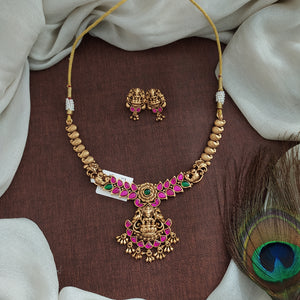 Antique Jadau Kundan Necklace Set with Lakshmi Pendant ~ Copper Finish