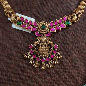 Antique Jadau Kundan Necklace Set with Lakshmi Pendant ~ Copper Finish