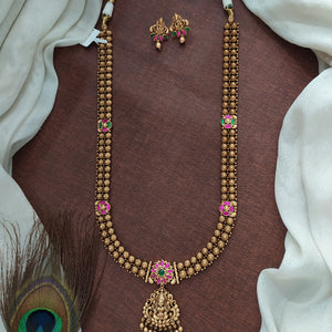 Antique Long Haram Set with Lakshmi Pendant and Matching Studs  Crafted with Jadau Kundan Stones ~ Red with Green