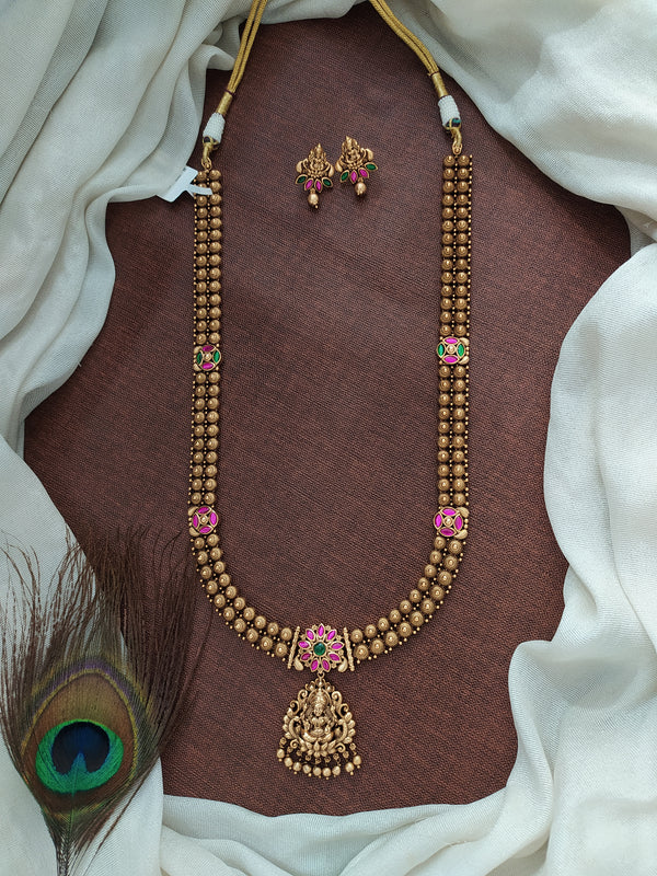 Antique Long Haram Set with Lakshmi Pendant and Matching Studs