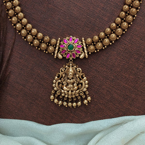 Antique Long Haram Set with Lakshmi Pendant and Matching Studs  Crafted with Jadau Kundan Stones ~ Red with Green