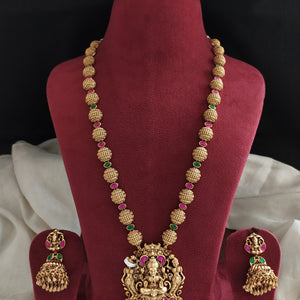 Antique Half-Circle Golden Balls Mala Set with Lakshmi Pendant and Jhumki