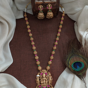 Antique Half-Circle Golden Balls Mala Set with Lakshmi Pendant and Jhumki