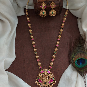 Antique Lakshmi Pendant Mala Set with Floral and Golden Ball Chain