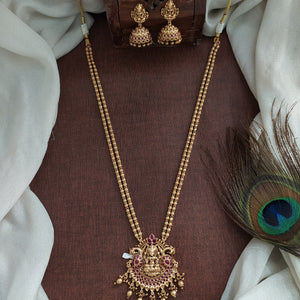 Antique Double-Layered Mala Set with Lakshmi Pendant and Matching Jhumkis