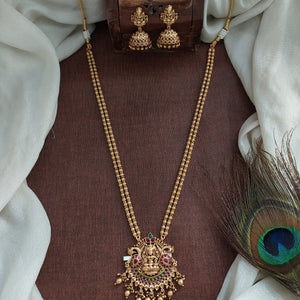 Antique Double-Layered Mala Set with Lakshmi Pendant and Matching Jhumkis