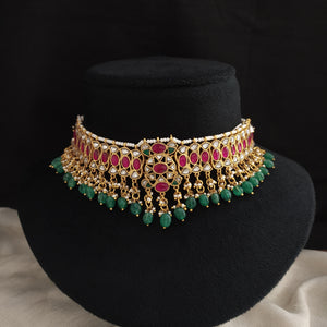 Gold Replica Jadau Kundan Choker with Bead Drops