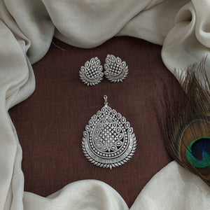 Zircon Pendant Set with Matching Studs – Full White in Rhodium Finish