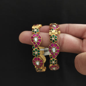 Gold-Replica Jadau Kundan Mango-Floral Kada Bangles (Screw Type)